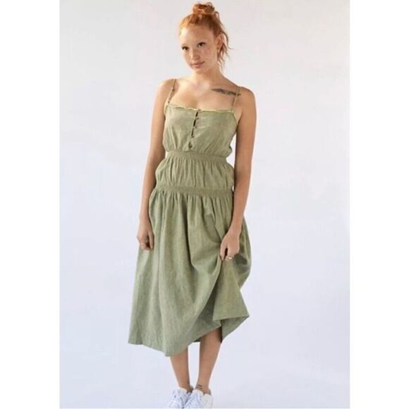 Urban Outfitters Ella Linen Dropped-Waist Midi Dress Size M - Picture 2 of 10